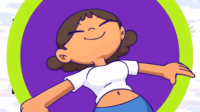 a cartoon drawing of a girl with her eyes closed and her arms outstretched