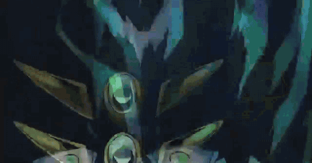 a close up of a robot 's head with two lights coming out of it 's eyes .