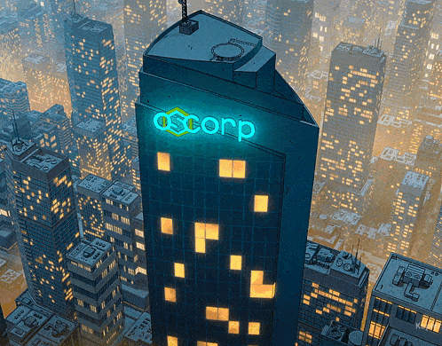 an aerial view of a city with a building that says oscorp on it