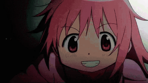a close up of a cartoon girl with pink hair and red eyes smiling .
