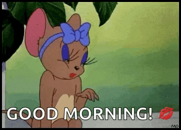 a cartoon cat with a bow on her head is sitting under a tree and says `` good morning '' .