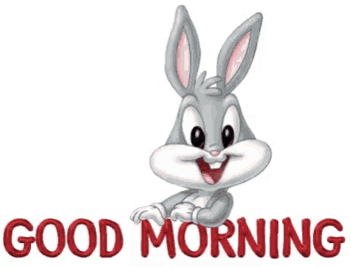 a cartoon bunny says good morning with a white background