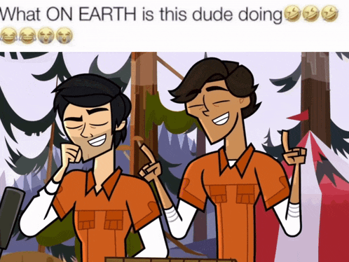 a cartoon of two men standing next to each other with the caption " what on earth is this dude doing "