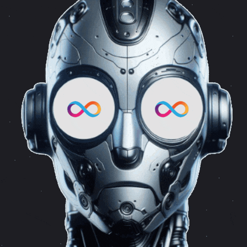 a robot head with a infinity symbol on its eyes