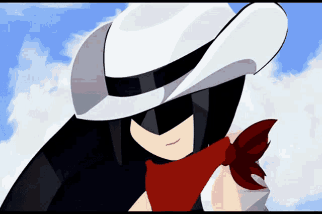 a cartoon character wearing a white hat and red scarf