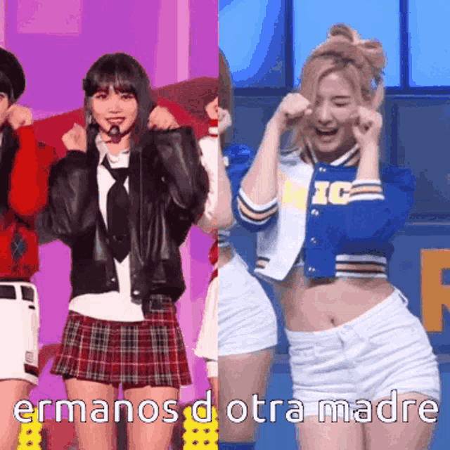 a girl in a plaid skirt and a girl in a varsity jacket with the words hermanos d otra madre on the bottom
