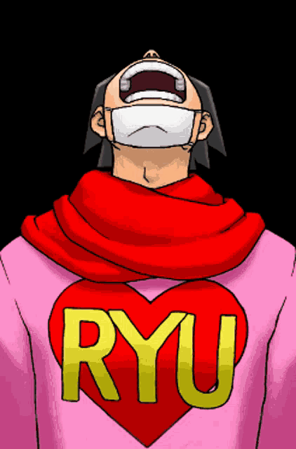 a man wearing a mask and a pink shirt that says ryu on it