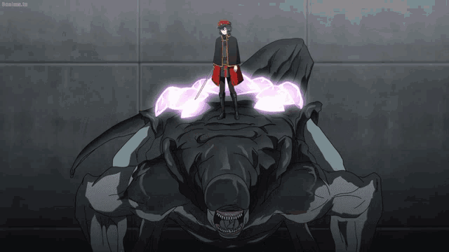 a man in a red hat is standing on top of a monster with a sword