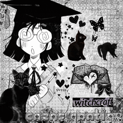 a girl in a graduation cap is surrounded by black cats and the word witchcraft