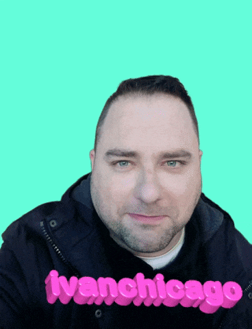a man in a black jacket with the words ivanchicago written in pink