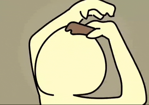 a cartoon drawing of a person holding a piece of chocolate in their hand .