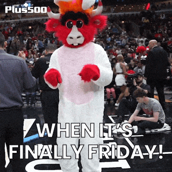 a mascot in a bull costume says when it 's finally friday !