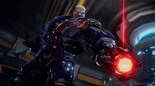 a video game character is holding a red light in his hand and says momo .