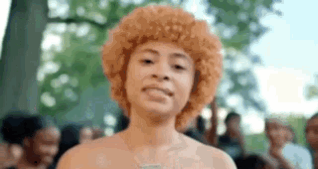 a naked woman with an orange afro is standing in front of a crowd .