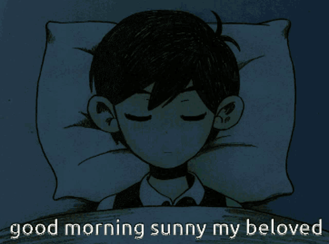 a black and white drawing of a boy sleeping with the words " good morning sunny my beloved " below him