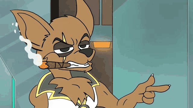 a cartoon dog is smoking a cigar and pointing at something