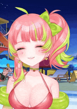a girl with pink hair and green highlights is wearing a pink bikini top