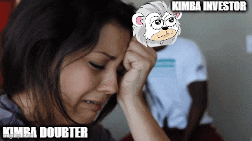 a woman is crying with a monkey on her head and the words " kimba investor " above her