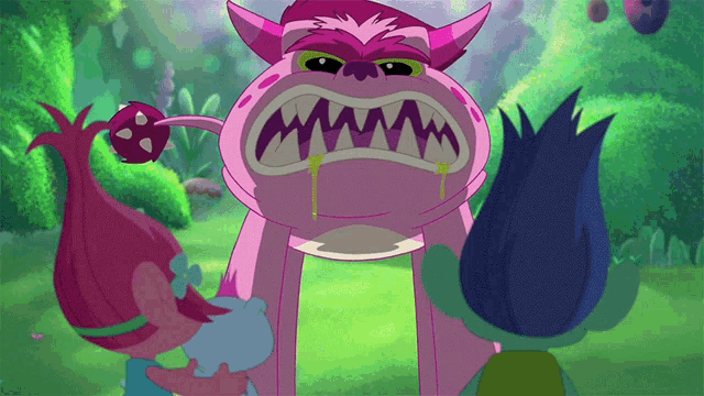 three trolls are standing around a pink monster with a huge mouth