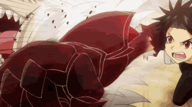 a cartoon of a boy fighting a monster with a red tail