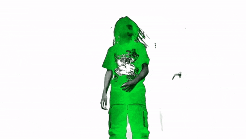 a person wearing a green shirt and green pants is standing in front of a white background .