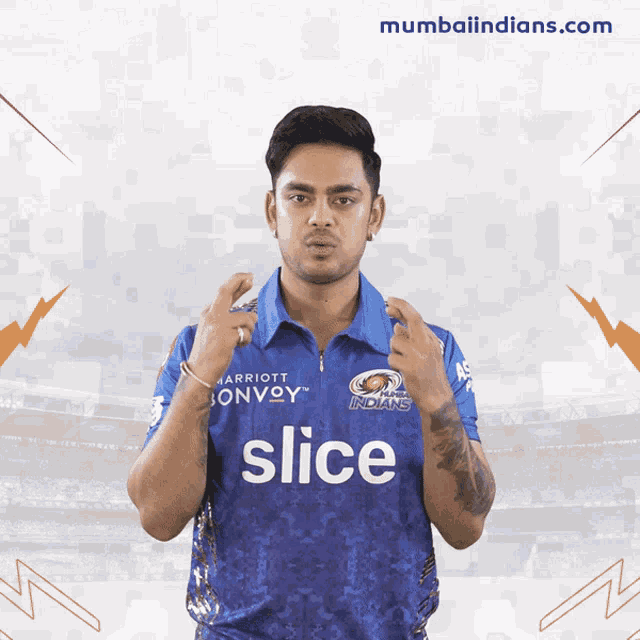 a man wearing a blue shirt that says slice