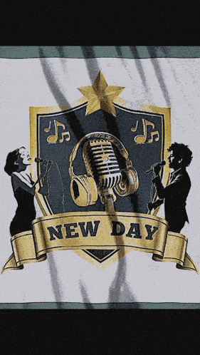 a shield with a microphone and headphones and the words new day
