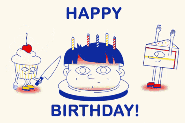 a happy birthday card with a cupcake holding a knife and a cake with candles