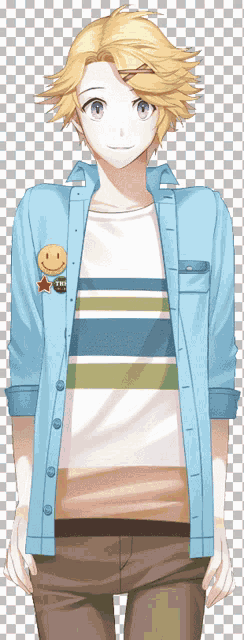 a boy with purple eyes is wearing a blue shirt with a smiley face on it