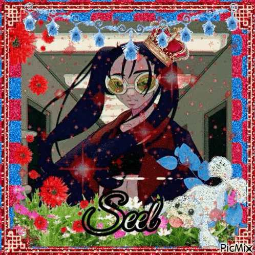 a girl wearing a crown and sunglasses is surrounded by flowers and a stuffed animal .