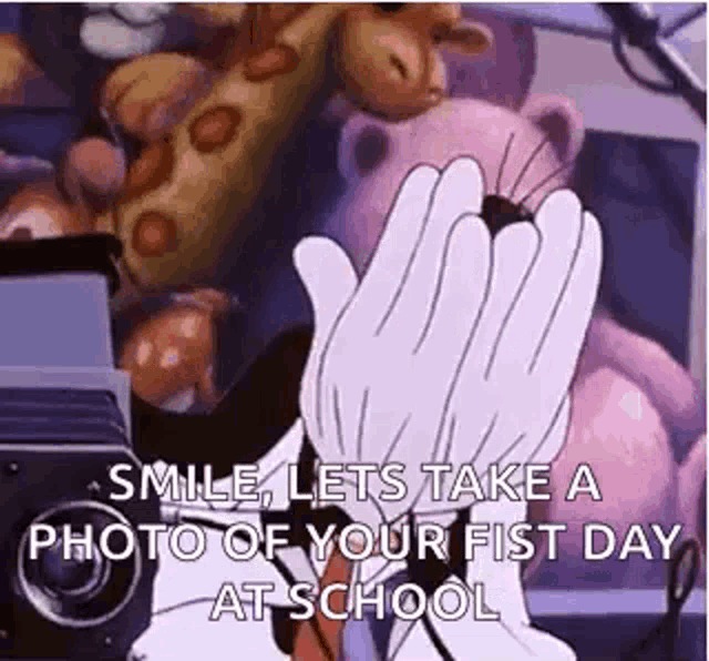 a cartoon character is taking a picture of a stuffed animal with a camera .