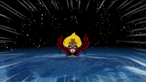 a cartoon of a woman in a superhero costume flying over the earth