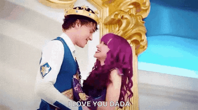 a man with a crown on his head is holding a woman with purple hair .