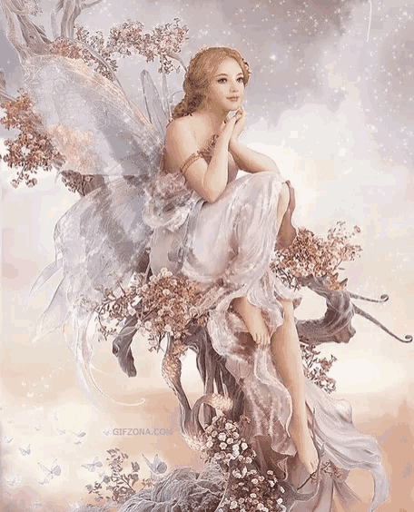 a painting of a fairy sitting on a tree branch with the website gifzona.com at the bottom