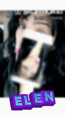 a blurry picture of a woman wearing sunglasses and the name ellen in purple blocks