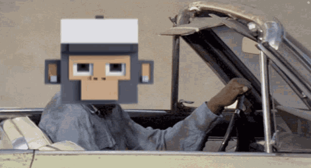 a man in a car with a monkey mask on his head