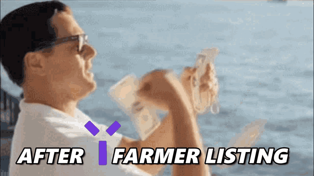 a man sitting on a boat holding a bunch of money with the words after farmer listing written below him