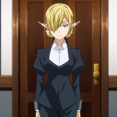 a woman with blonde hair and elf ears stands in front of a wooden door