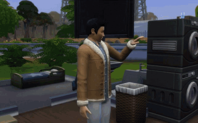 a man in a brown jacket stands in front of a stack of washing machines