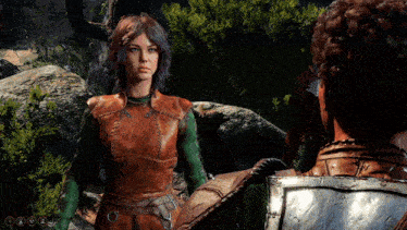 a screenshot of a video game shows a woman and a man talking to each other
