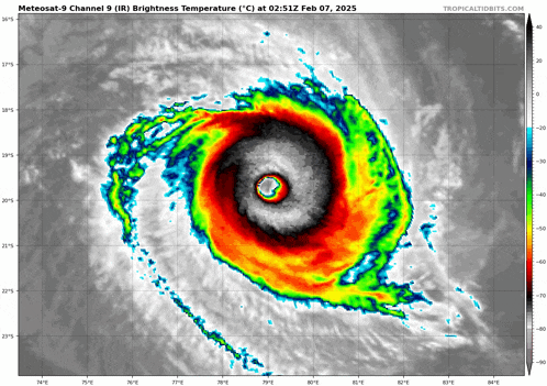 a colorful image of a hurricane with the words " meteosat-9 channel 9 ( ir ) brightness temperature " at the top