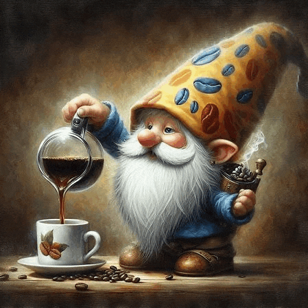 a gnome is pouring coffee from a coffee pot into a cup .