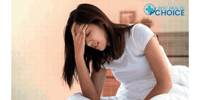 a woman laying on a bed with her hand on her forehead with the words best health choice behind her