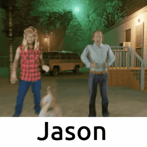 two men are dancing in front of a house and the name jason is on the bottom