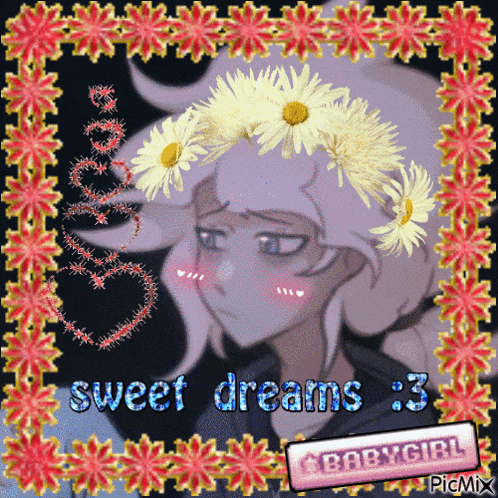 a picture of a girl with flowers in her hair and the words sweet dreams