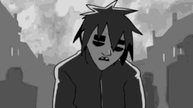 a black and white drawing of a cartoon character with a sad face .
