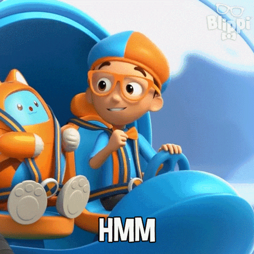 a cartoon character from blippi is riding a roller coaster and says hmm .