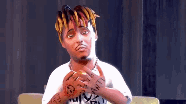 a cartoon of a man with dreadlocks is sitting on a couch with his hands folded in front of him .