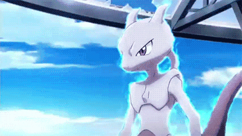 a white pokemon with a purple tail is standing in front of a bridge .