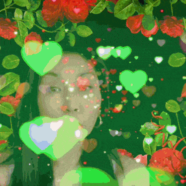a woman surrounded by green hearts and red roses on a green background